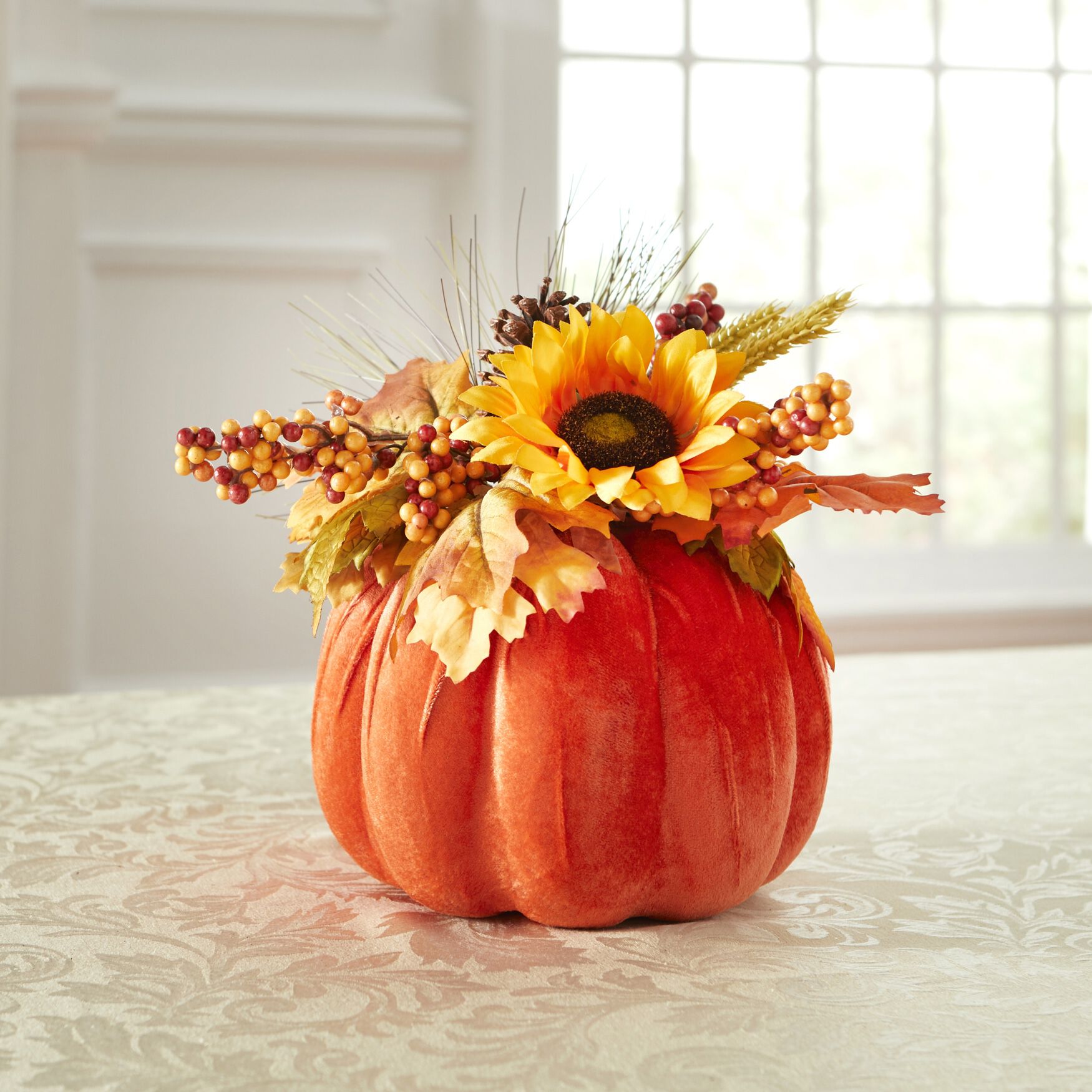 12 inches Harvest Wheat Velvet Pumpkin Centerpiece, ORANGE, hi-res image number 0