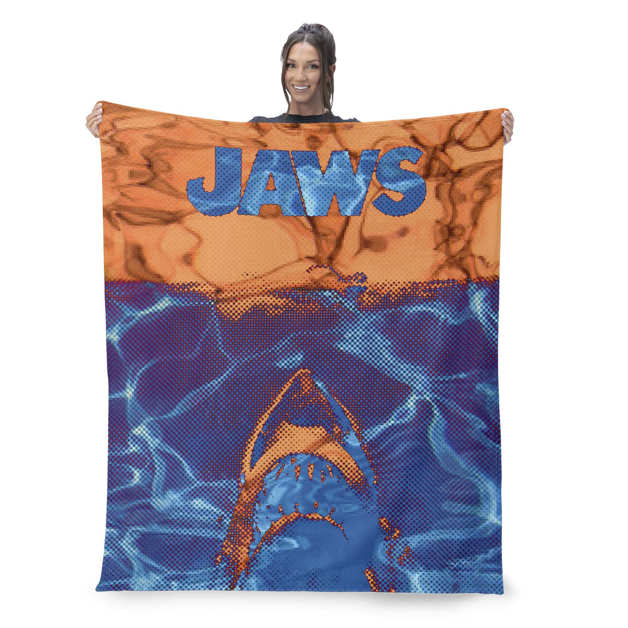 Jaws Neon Poster Silk Touch Sherpa Throw Blanket 50x60 inches, BLUE, on-hover image number 1
