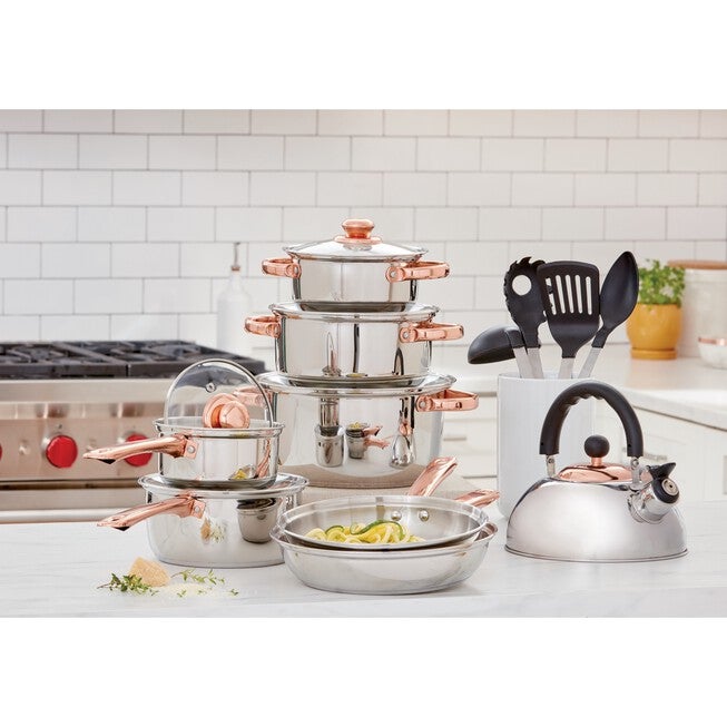 17-Pc. Cookware & Utensil Set with Copper Knobs, SILVER COPPER, hi-res image number null