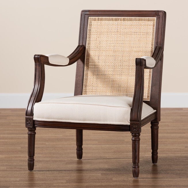 Garridan Traditional French Beige Fabric And Dark Brown Finished Wood Accent Chair, , alternate image number null