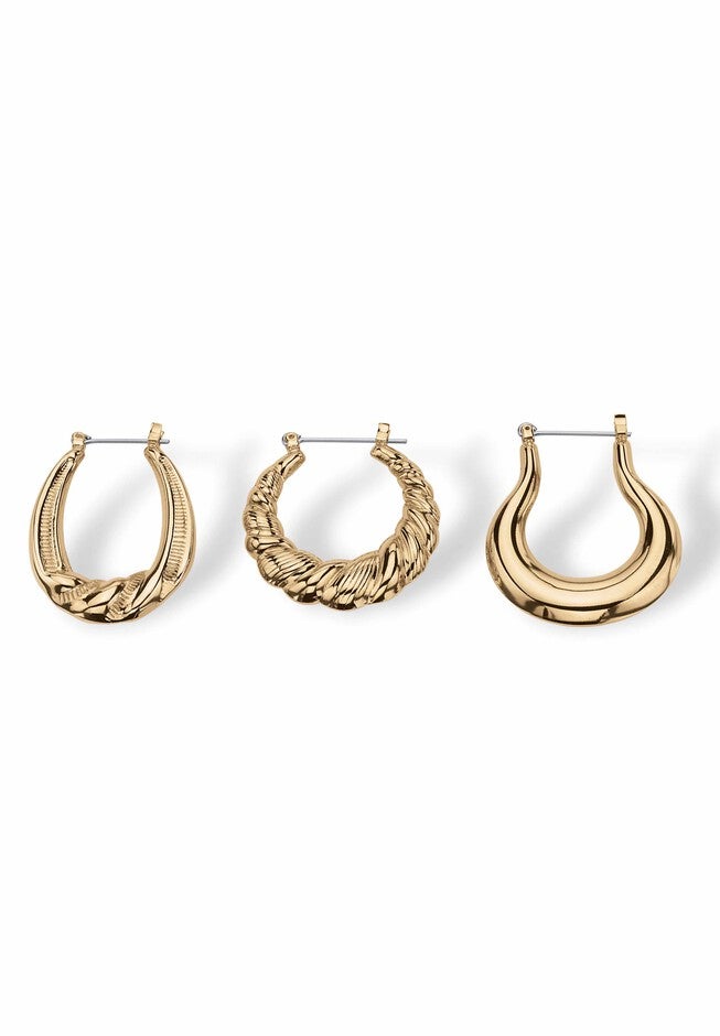 Goldtone Smooth and Textured 3 Piece Set Hoop Earrings (33mm), , on-hover image number 1
