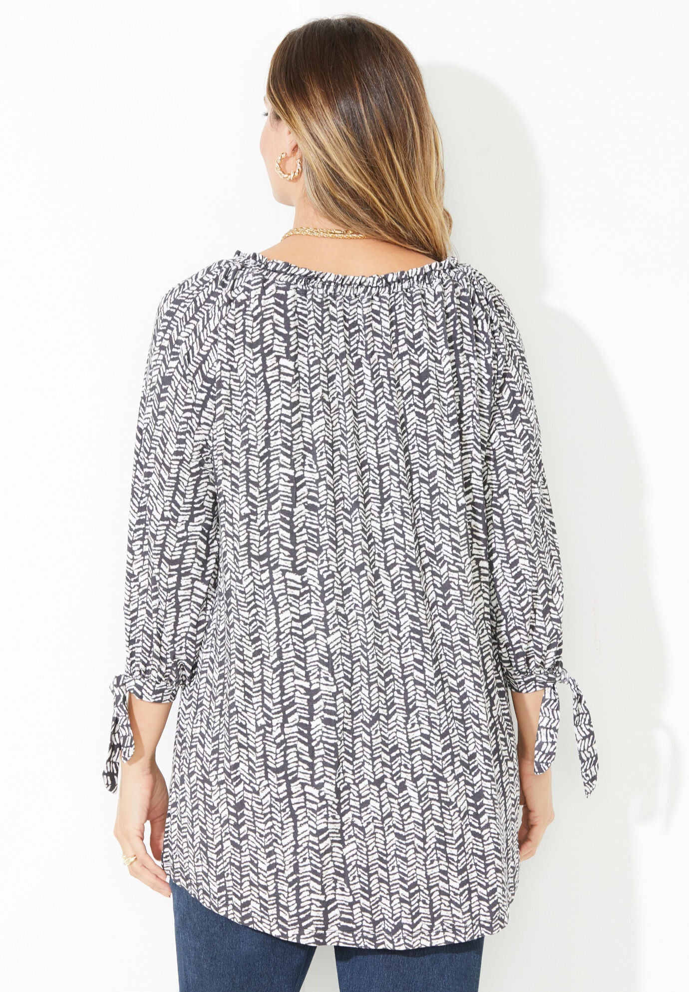 Ruched Neck Tie-Sleeve Top, BLACK CHEVRON TEXTURE, on-hover image number 1