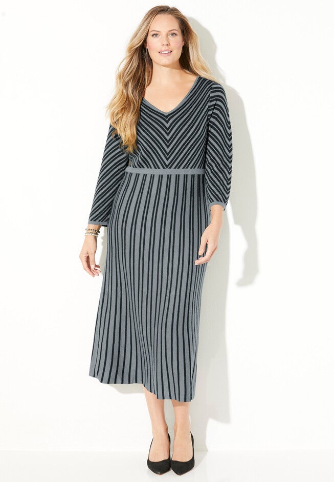 Fit N’ Flare Sweater Dress, GUNMETAL STRIPES, hi-res image number 0