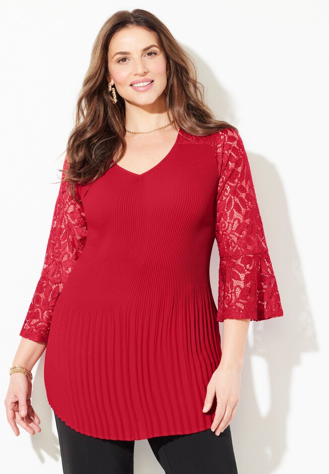 Pleated Lace Bell Sleeve Blouse, CLASSIC RED, hi-res image number null
