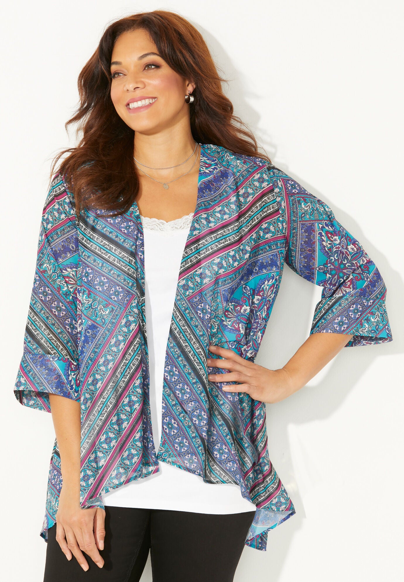 Georgette Cascade Kimono, WATERFALL SCARF PRINT, hi-res image number 0