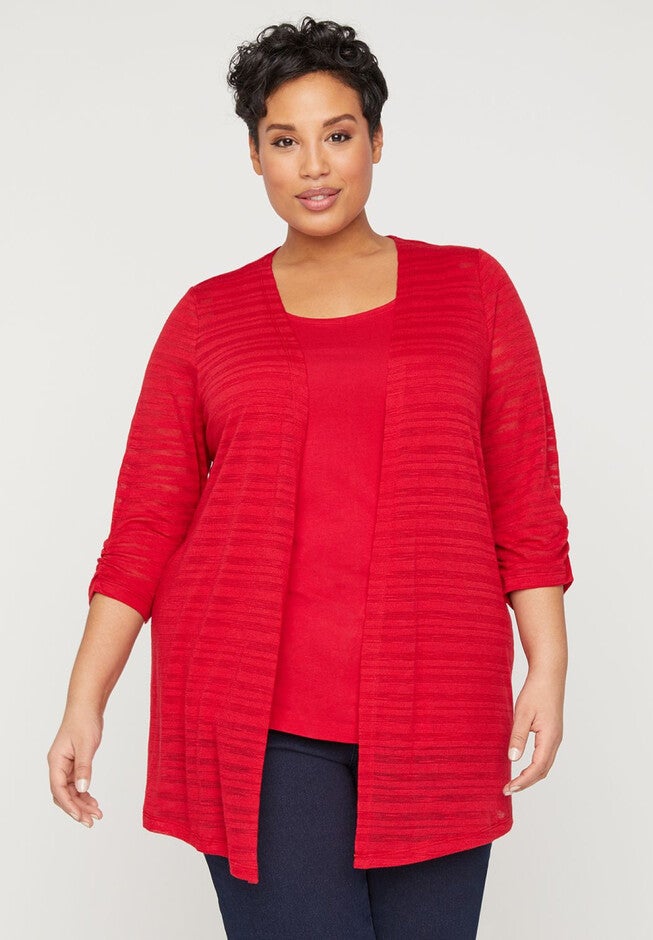 Shadow Stripe Cardigan With 3/4 Sleeves, RED, hi-res image number null