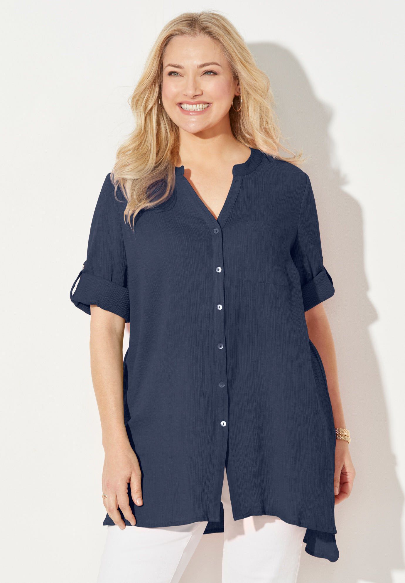 Mandarin Collar Gauze Tunic, NAVY, hi-res image number 0