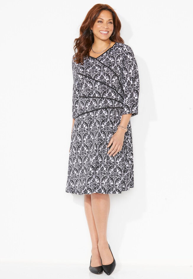 V-Neck Satin Contrast Dress, BLACK DAMASK, hi-res image number null