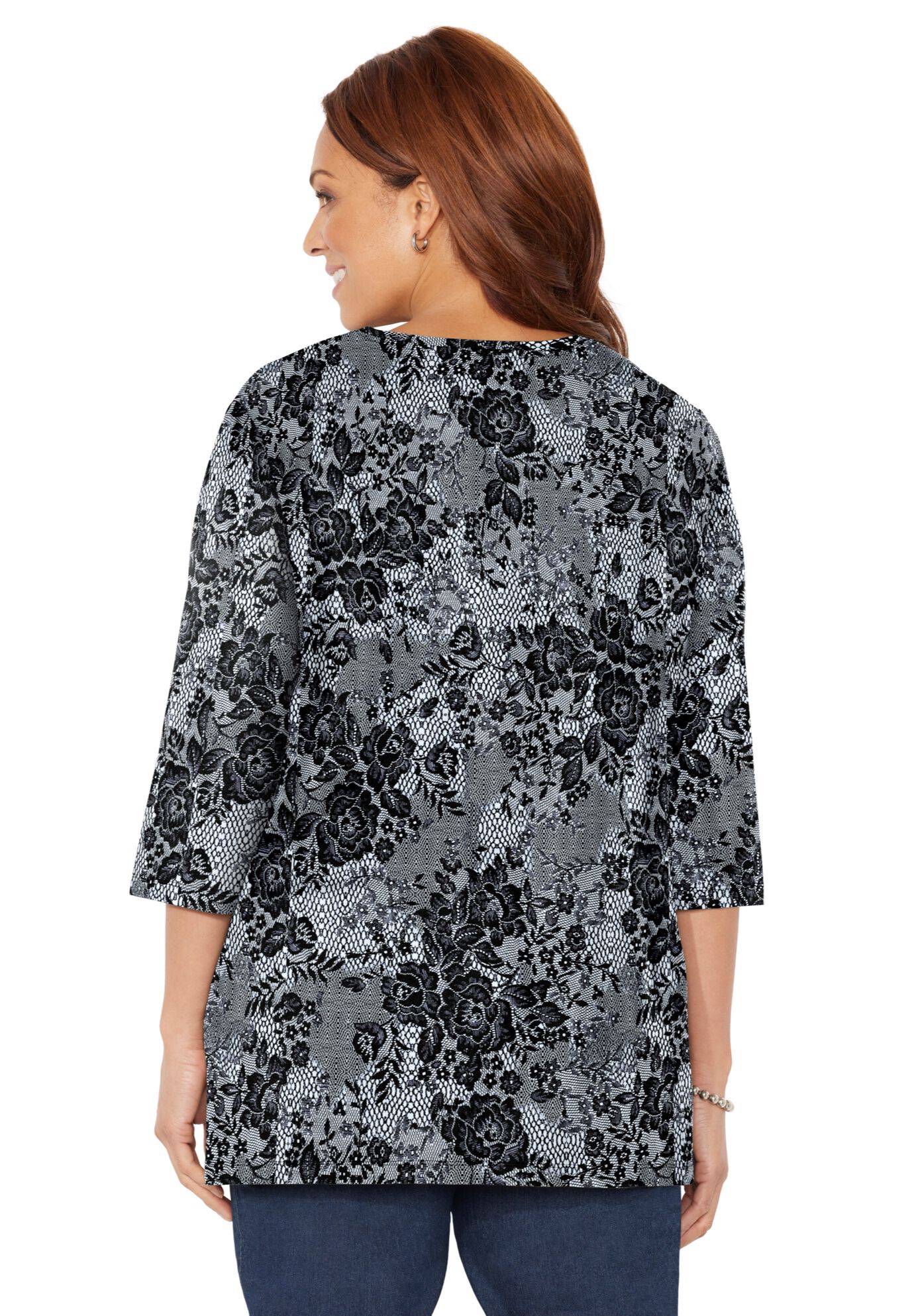 Easy Fit 3/4-Sleeve V-Neck Tunic, IVORY FLORAL LACE, on-hover image number 1