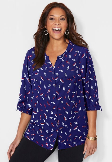 Georgette Buttonfront Tie Sleeve Cafe Blouse, NAVY DITSY FEATHER, hi-res image number null
