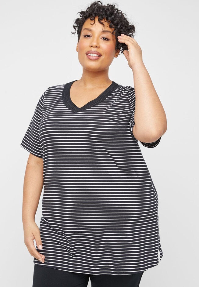Suprema® Crochet V-Neck Tunic, BLACK STRIPE, hi-res image number null