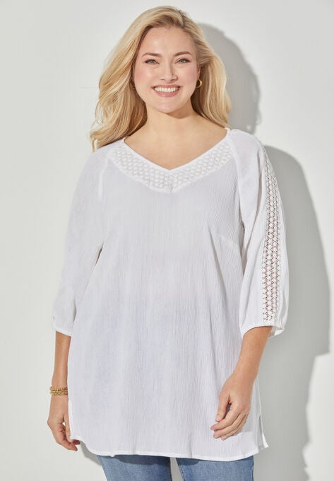 Crochet Trim Gauze Top, WHITE, hi-res image number null