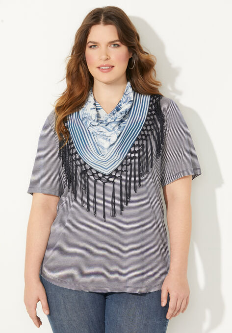 Tee & Scarf Duet Tunic, NAVY STRIPE, hi-res image number null