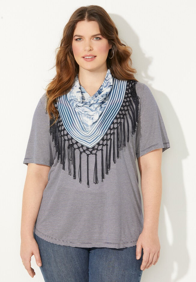 Tee & Scarf Duet Tunic, NAVY STRIPE, hi-res image number 0