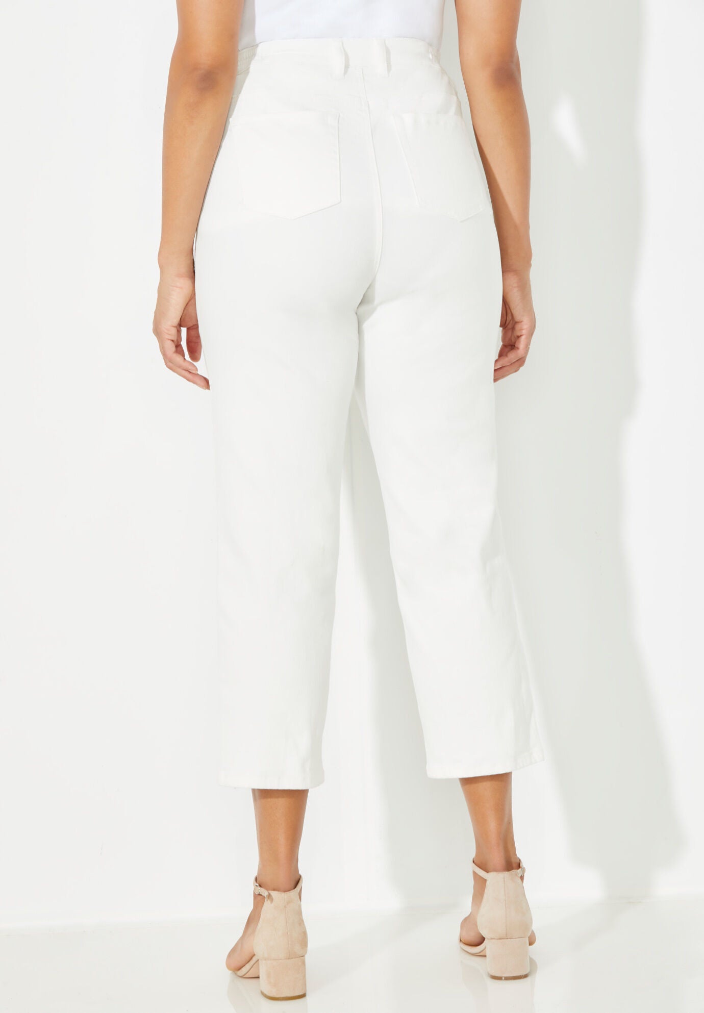 Eyelet Hem Straight Leg Capri, WHITE, on-hover image number 1