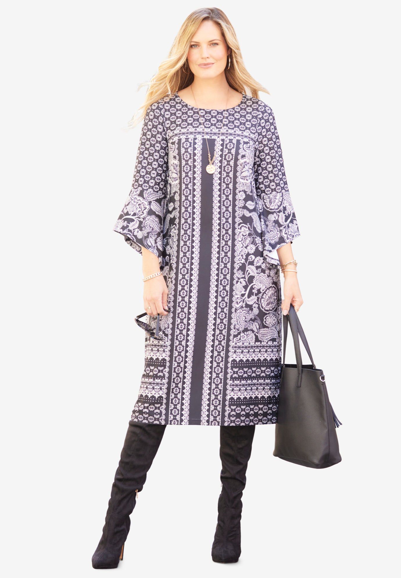 Bell Sleeve Shift Dress, BLACK PAISLEY, hi-res image number 0