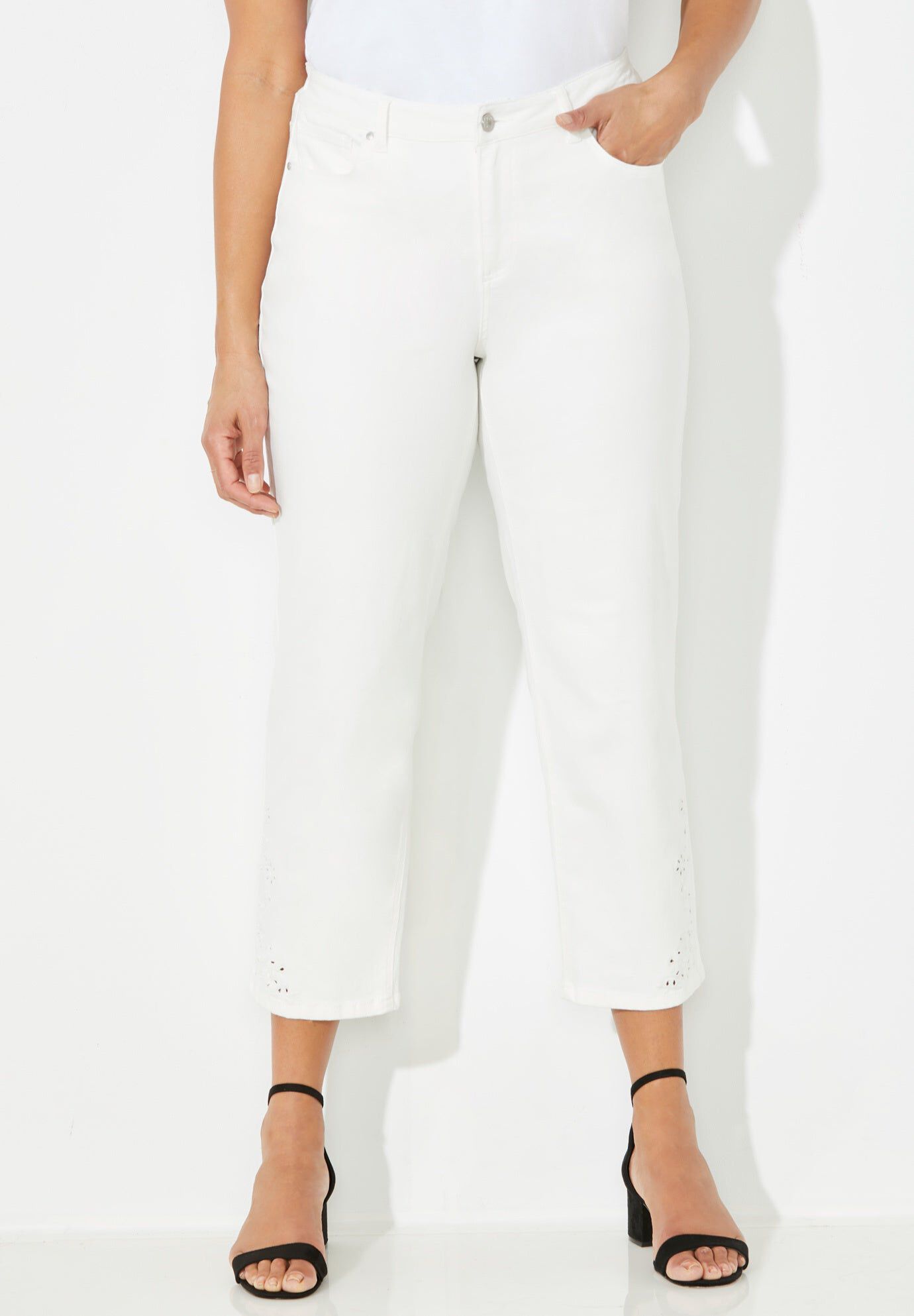 Eyelet Hem Straight Leg Capri, WHITE, hi-res image number 0