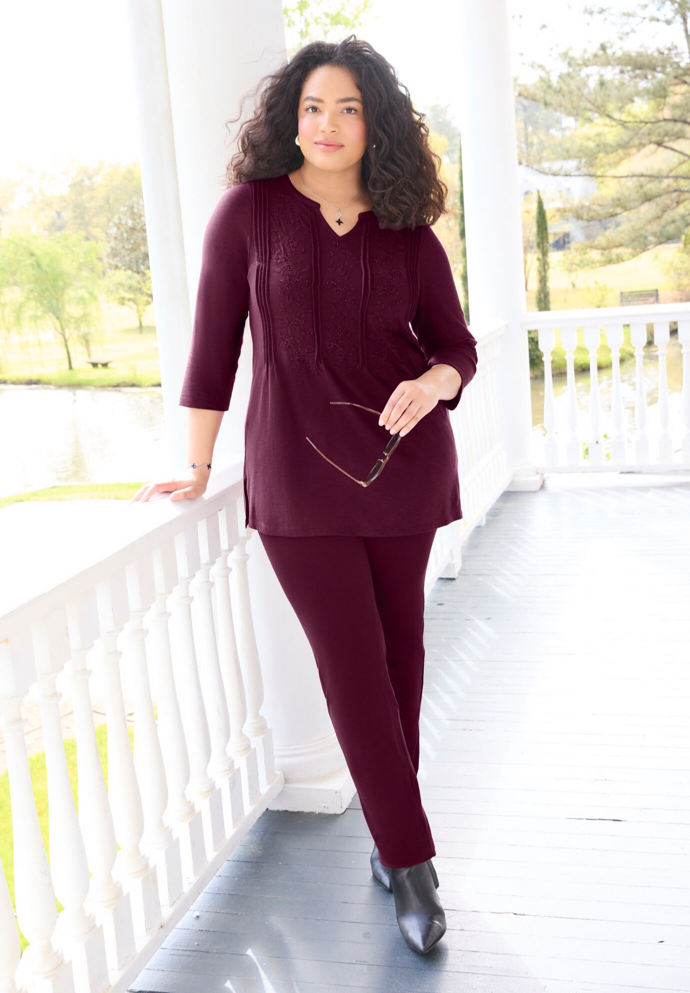 Embroidered Pintuck Tunic, , alternate image number 2