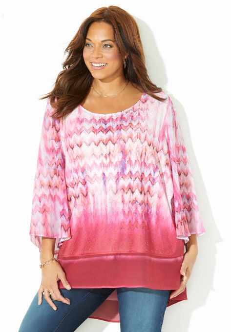 Angel Sleeve Mesh Top, PINK WATERCOLOR ZIGZAG, hi-res image number null