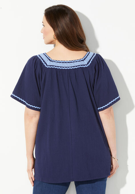 Square-Neck Gauze Peasant Top, , on-hover image number null