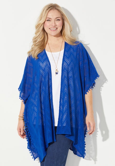 AnyWear Tassel Trim Poncho, DARK SAPPHIRE, hi-res image number null