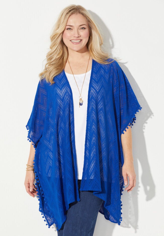 AnyWear Tassel Trim Poncho, DARK SAPPHIRE, hi-res image number 0