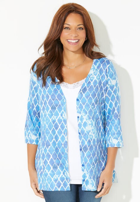 Fine Gauge Buttonfront Sweater, DARK SAPPHIRE DIAMOND IKAT, hi-res image number null