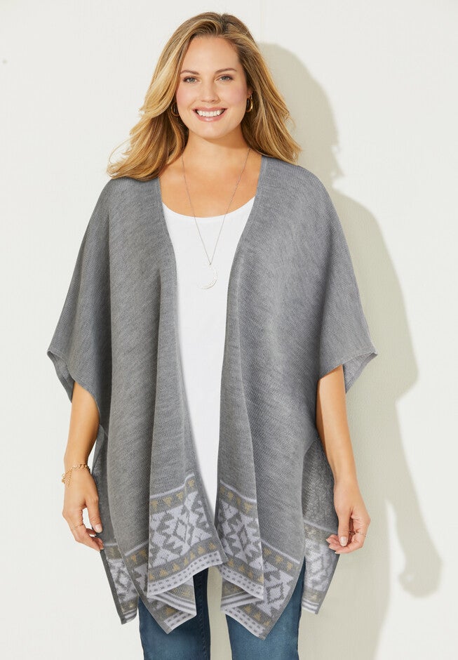 Border Print Ruana Wrap, HEATHER GREY STONE BORDER, hi-res image number 0