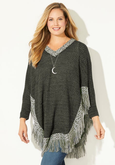Favorite Fringe Poncho, OLIVE NATURAL COMBO, hi-res image number null