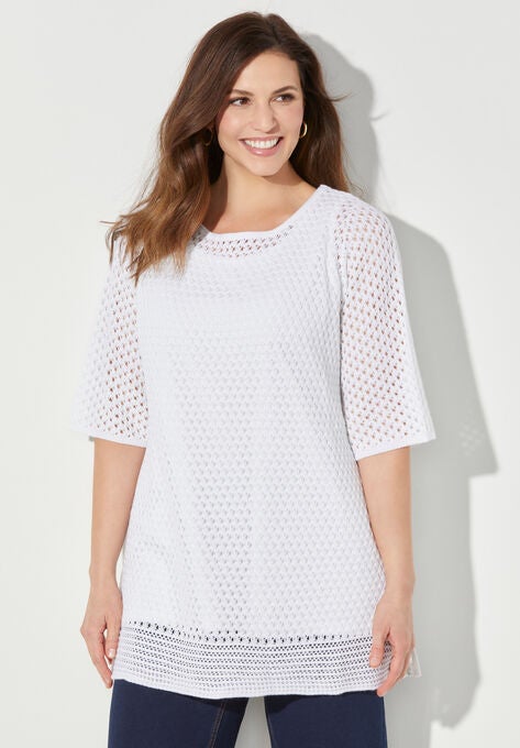 Open Stitch Pullover Sweater, WHITE, hi-res image number null
