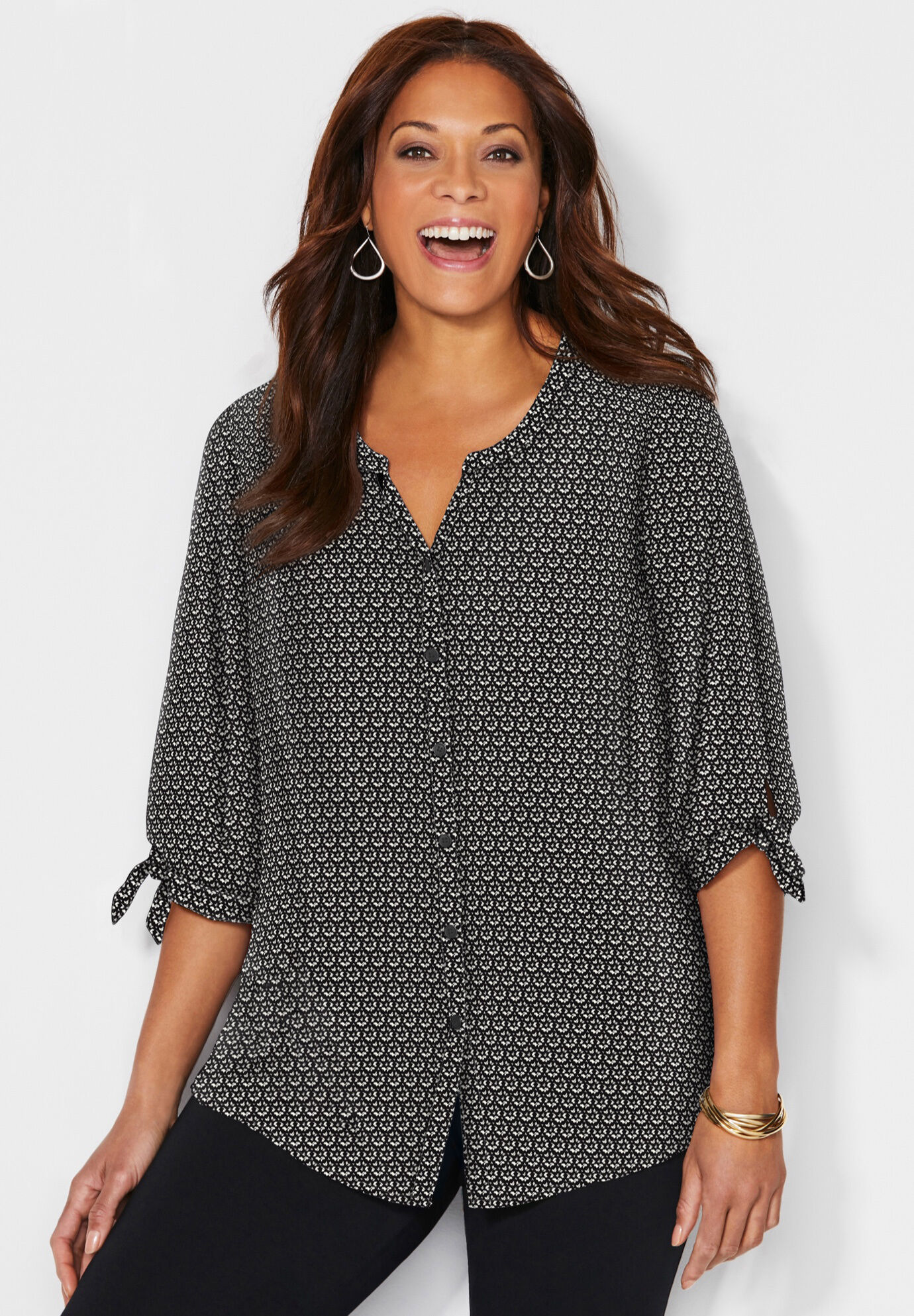 Georgette Buttonfront Tie Sleeve Cafe Blouse