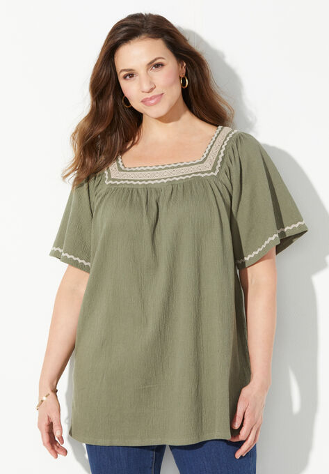 Square-Neck Gauze Peasant Top, OLIVE GREEN, hi-res image number null