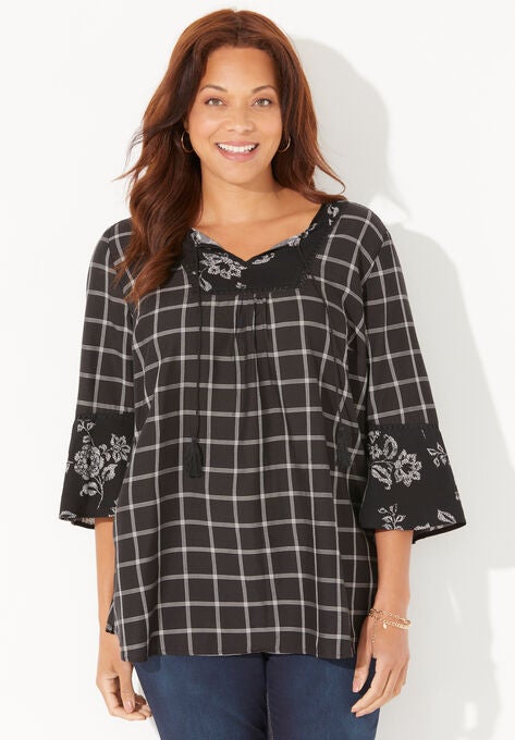 Twin-Print Georgette Peasant Blouse, BLACK WHITE PLAID, hi-res image number null