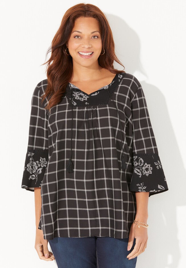 Twin-Print Georgette Peasant Blouse, BLACK WHITE PLAID, hi-res image number 0
