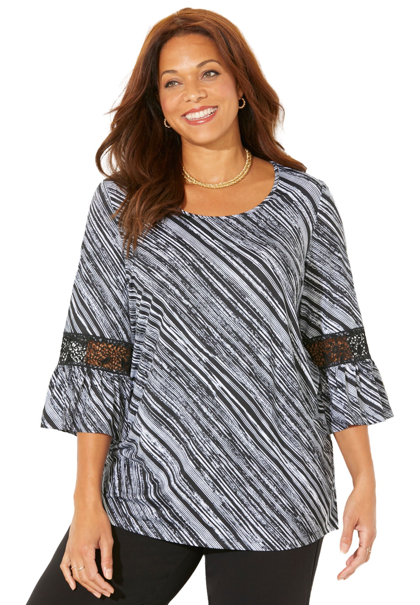 Dream Drape Bella Crochet Trim Top, BLACK WHITE BIAS TEXTURE, on-hover image number 1