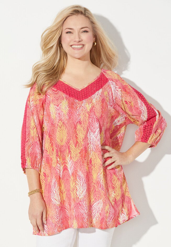 Crochet Trim Gauze Top, PINK BURST TROPICAL FOLIAGE, hi-res image number null