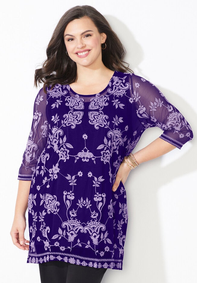 Embroidered Mesh Tunic, DEEP GRAPE VIOLET, hi-res image number null