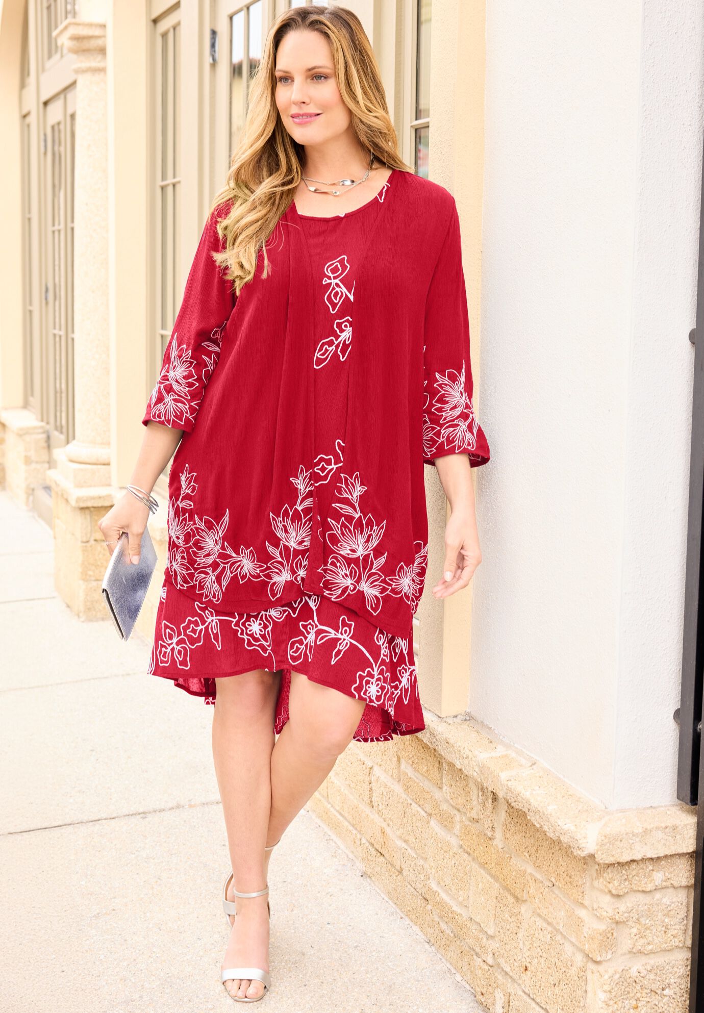 Gauze Embroidered Open-Front Jacket, CLASSIC RED, on-hover image number 1