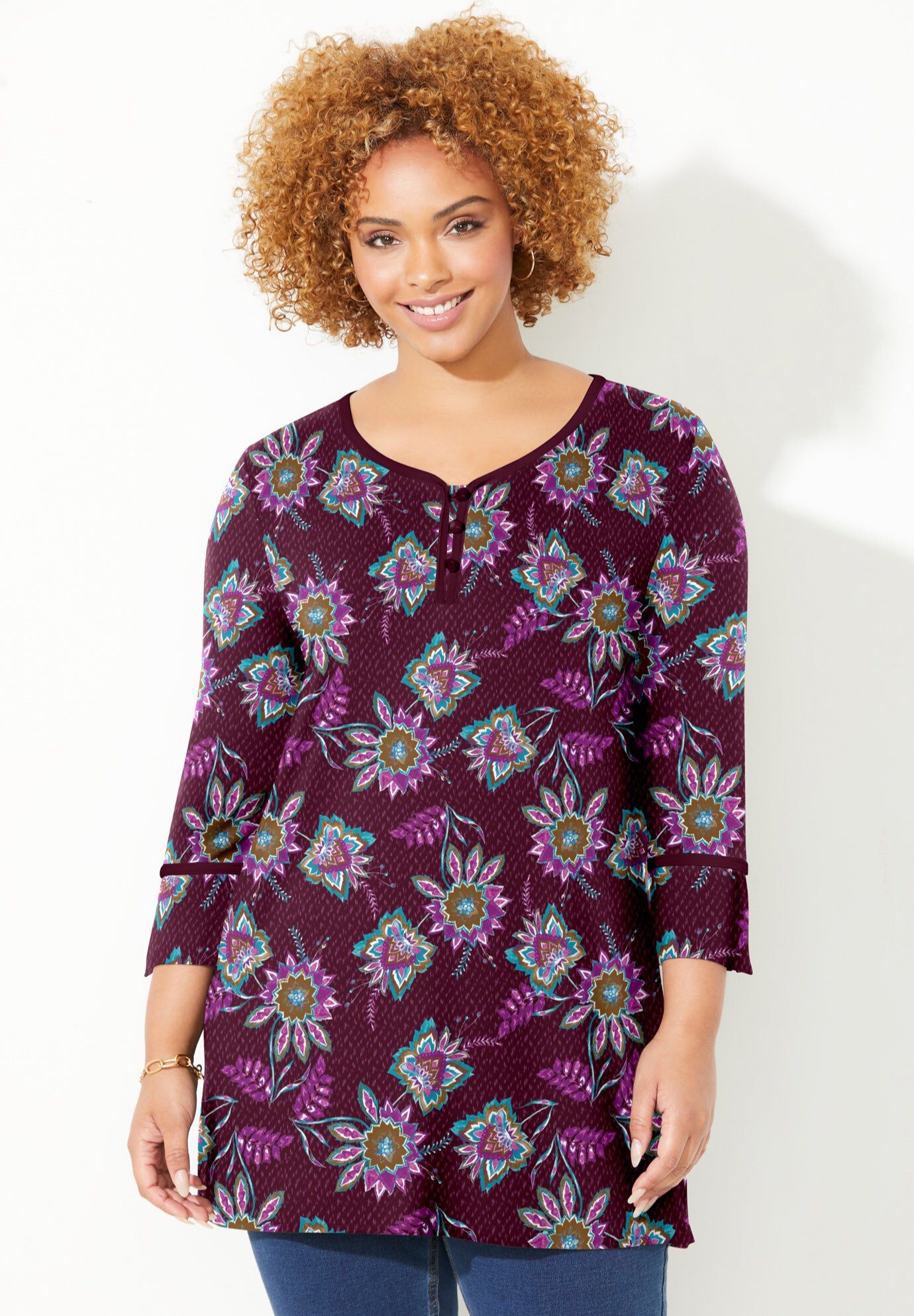 Liz&Me&reg; Henley Top, MIDNIGHT BERRY FLORAL, hi-res image number 0