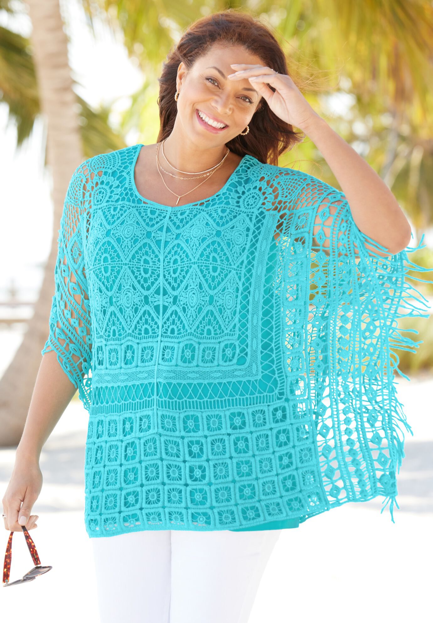 Openwork Fringe Poncho, , alternate image number 4