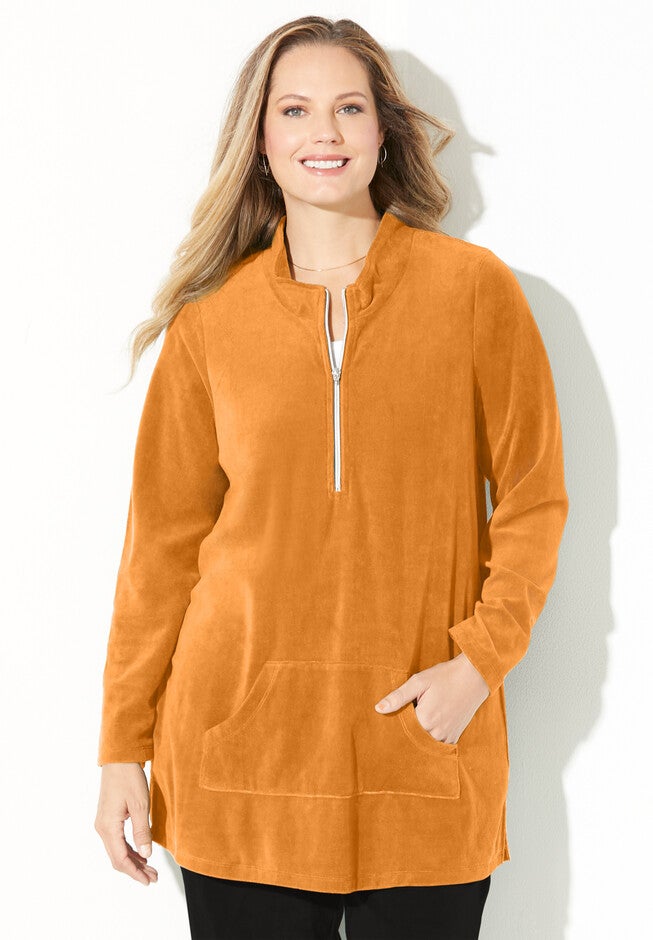 Half -Zip Velour Top, SOFT CARAMEL, hi-res image number null