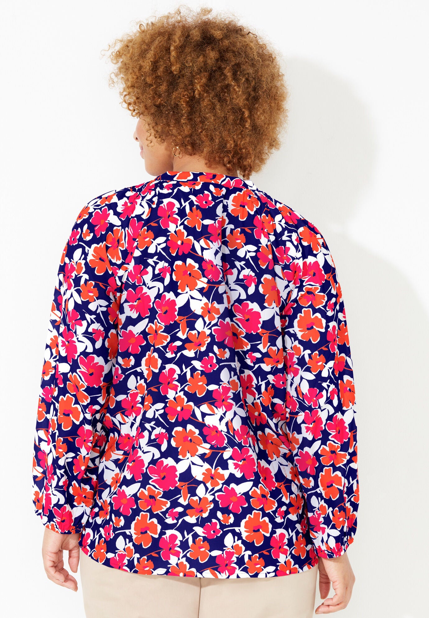 Liz&Me&reg; Henley Peasant Georgette Blouse, NAVY FLORAL, on-hover image number 1