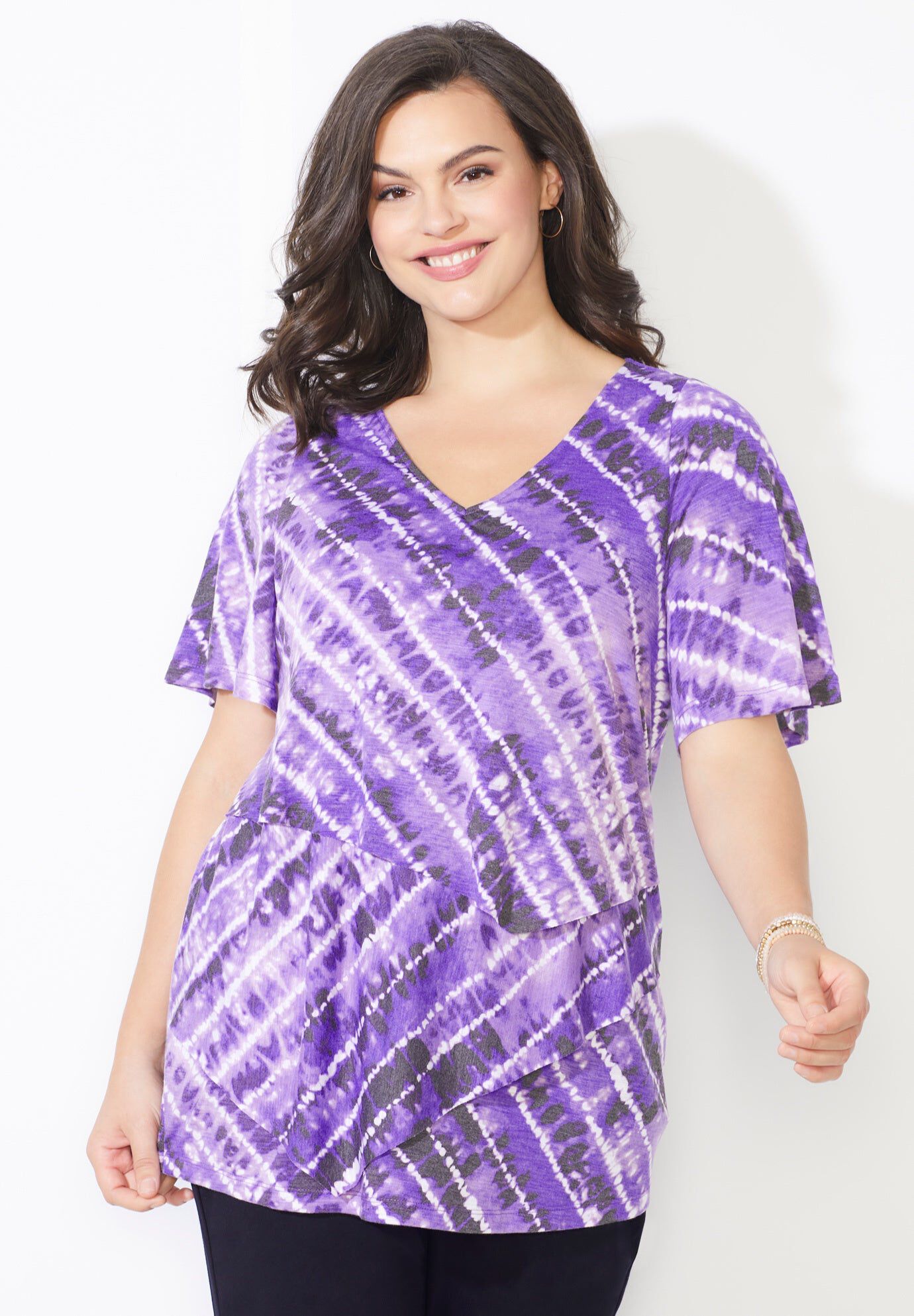 V-Neck Burnout Top, DEEP GRAPE BIAS TIE DYE, hi-res image number 0
