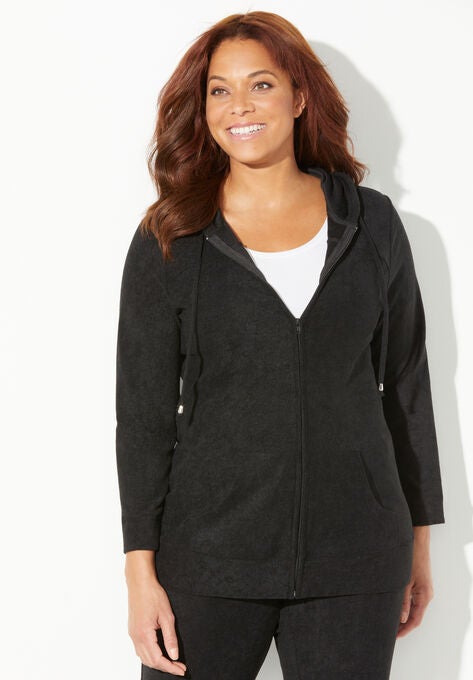 French Terry Zip-Front Hooded Jacket, BLACK, hi-res image number null