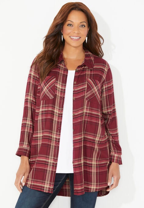 Sparkle Plaid Button Back Shirt, BURGUNDY TAN PLAID, hi-res image number null