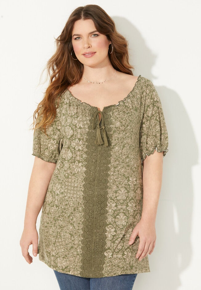 Crochet Trim Peasant Top, OLIVE GREEN OUTLINED DAMASK, hi-res image number null