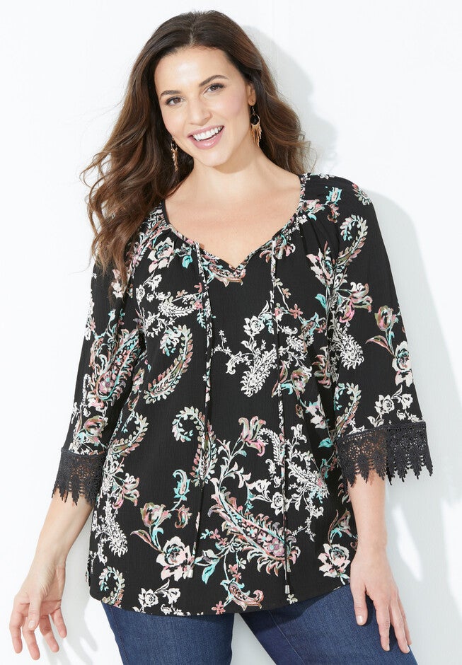 Crochet Trim Peasant Blouse, BLACK FLORAL PAISLEY, hi-res image number 0