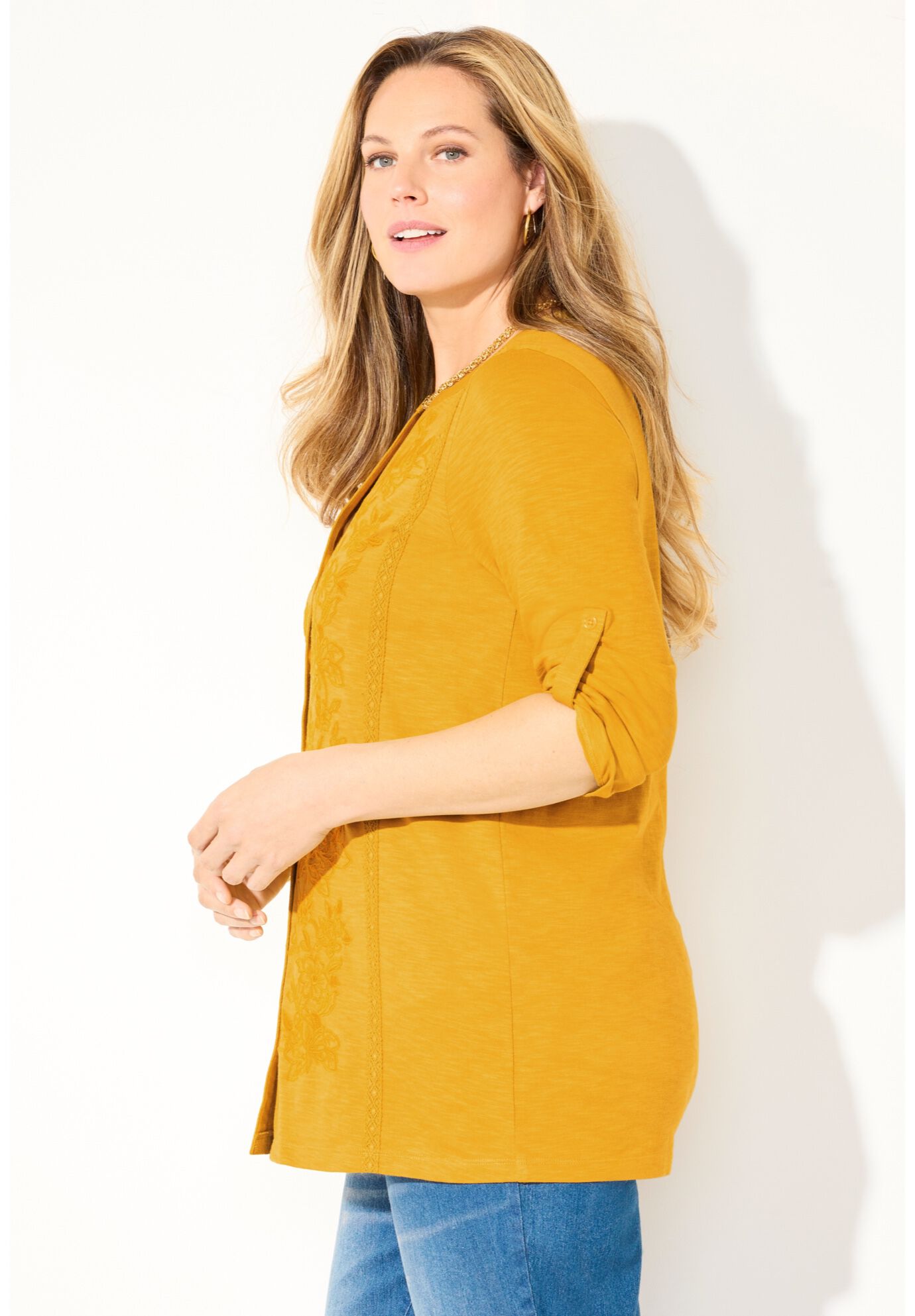 Embroidered Buttonfront Tunic, HONEY MUSTARD, alternate image number 2