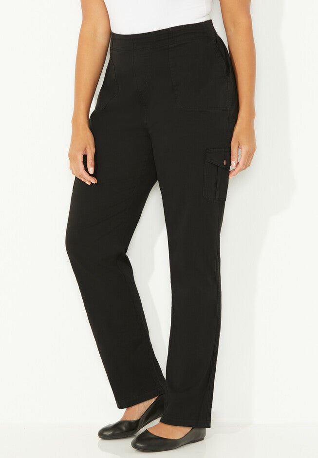 Pull-On Cargo Pant With Back Knit Waist, BLACK, hi-res image number 0