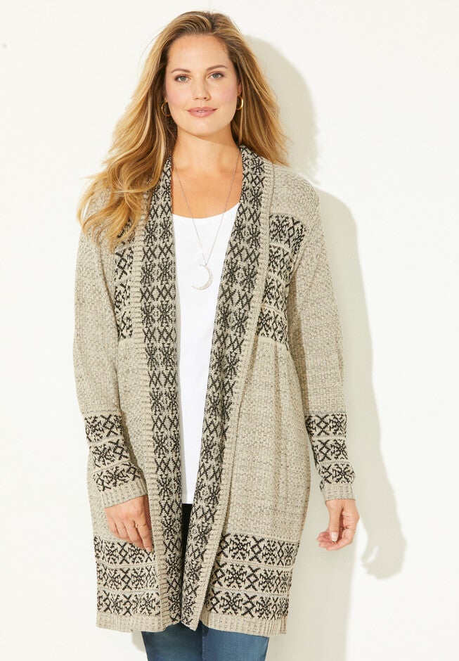 Fair Isle Shawl Collar Cardigan, STONE BLACK, hi-res image number null